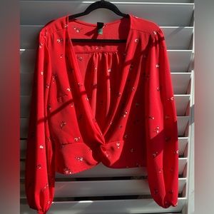 Wild Fable Twist Front Red Floral Long Sleeve Blouse
